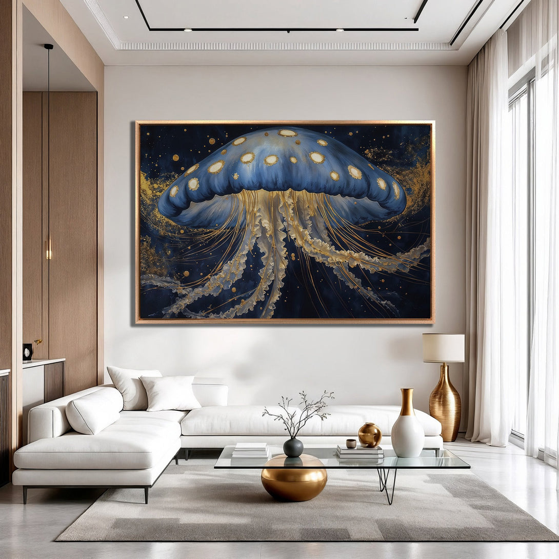 Framed Wall Art featuring an abstract jellyfish in blue and gold. Modern art for home decor, adding elegance and a touch of the ocean to any space.