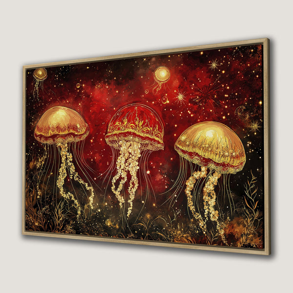 Framed Wall Art featuring elegant jellyfish in gold against a rich red and black galaxy background. Perfect for adding a touch of luxury to your space.