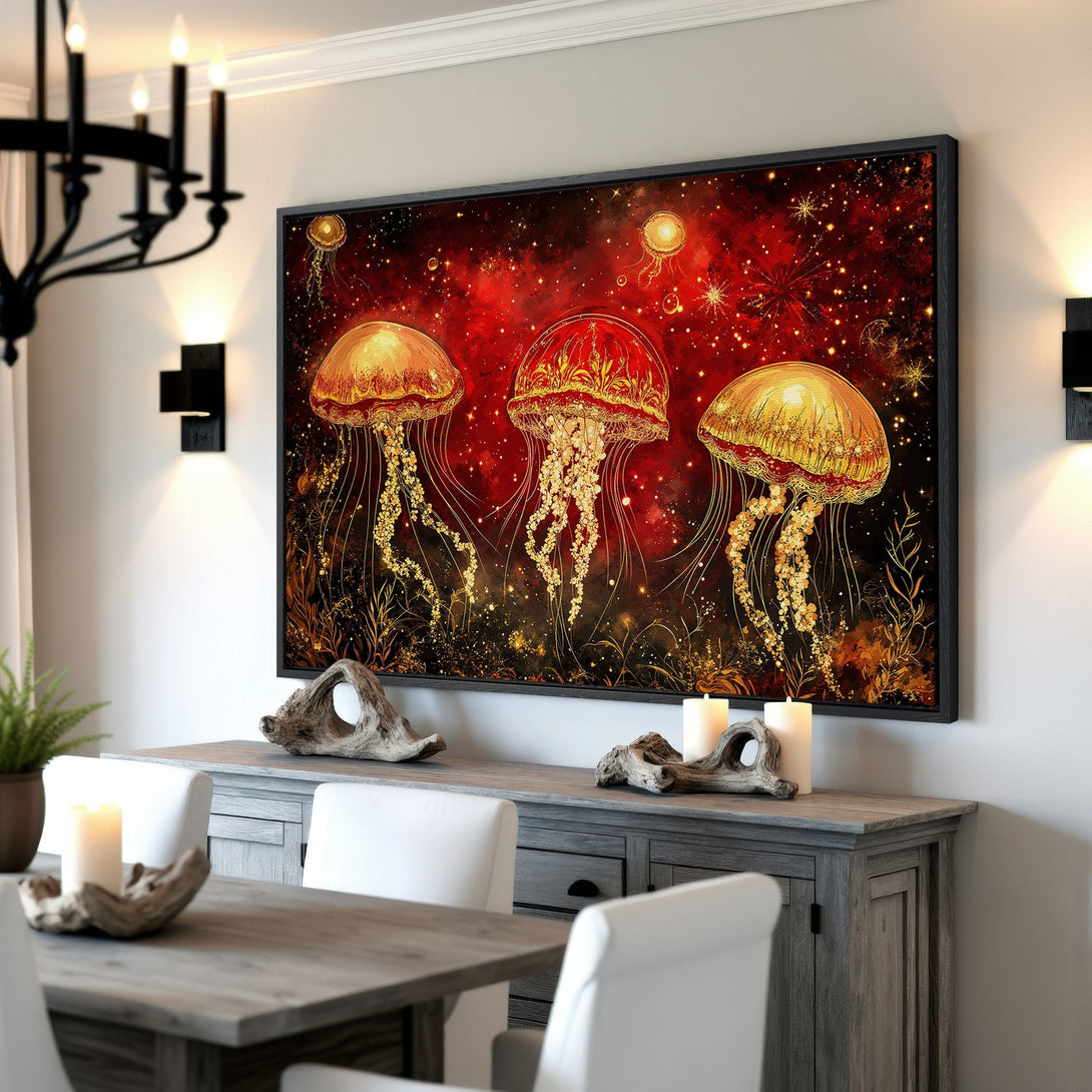 Framed Wall Art: Stunning jellyfish art print in red and gold. Modern style canvas print adds a touch of elegance to any space. Shop now!
