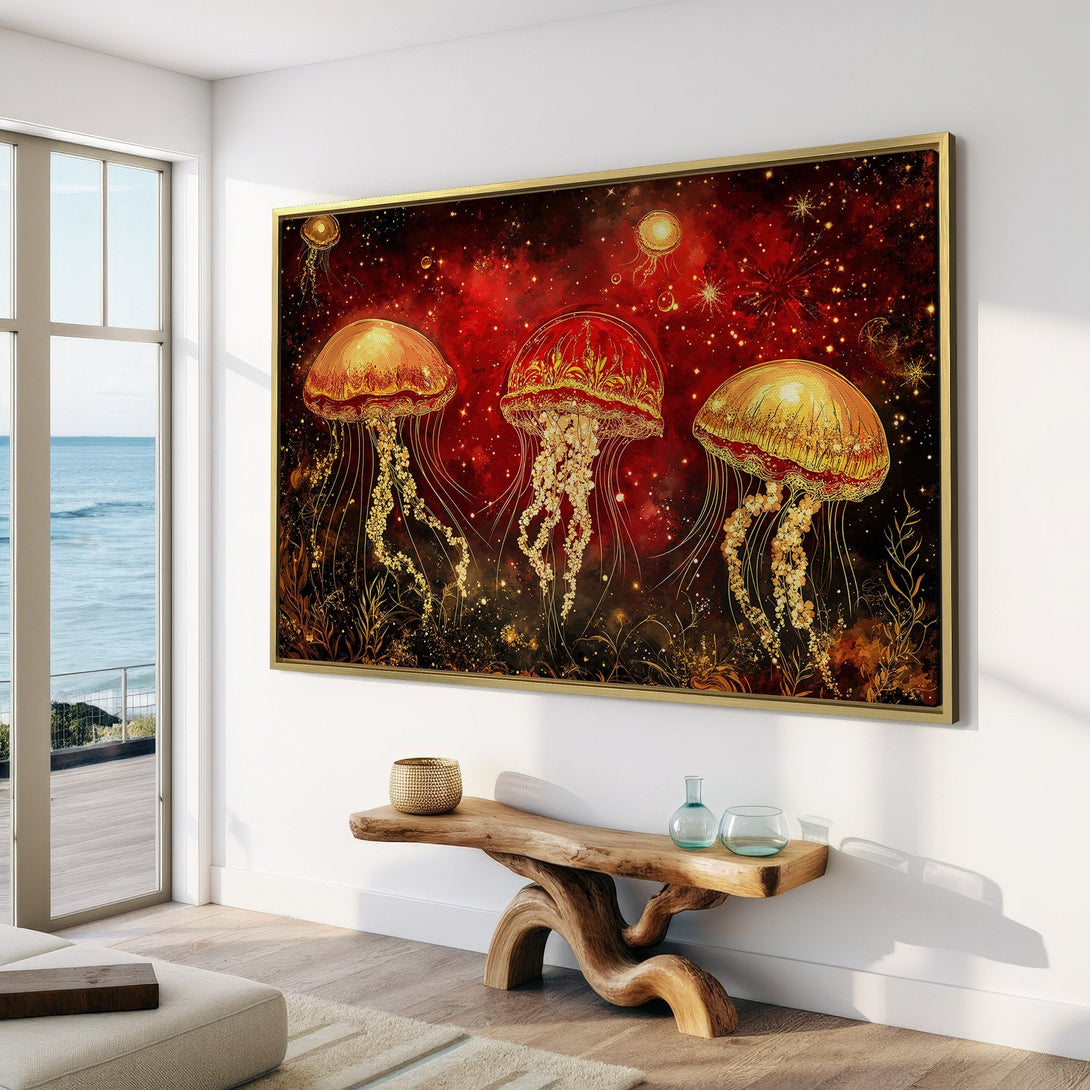 Canvas Print featuring elegant jellyfish art in a warm red and gold palette, adding a touch of ethereal beauty to any interior.