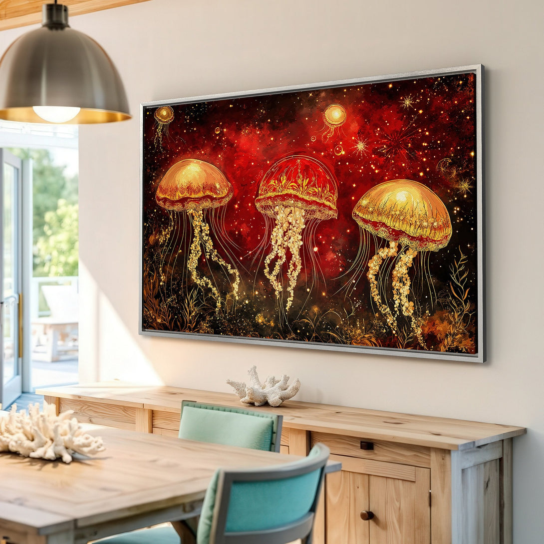 Framed Wall Art featuring golden jellyfish against a red and black galaxy. Transform your space with this stunning, artistic Canvas Print.
