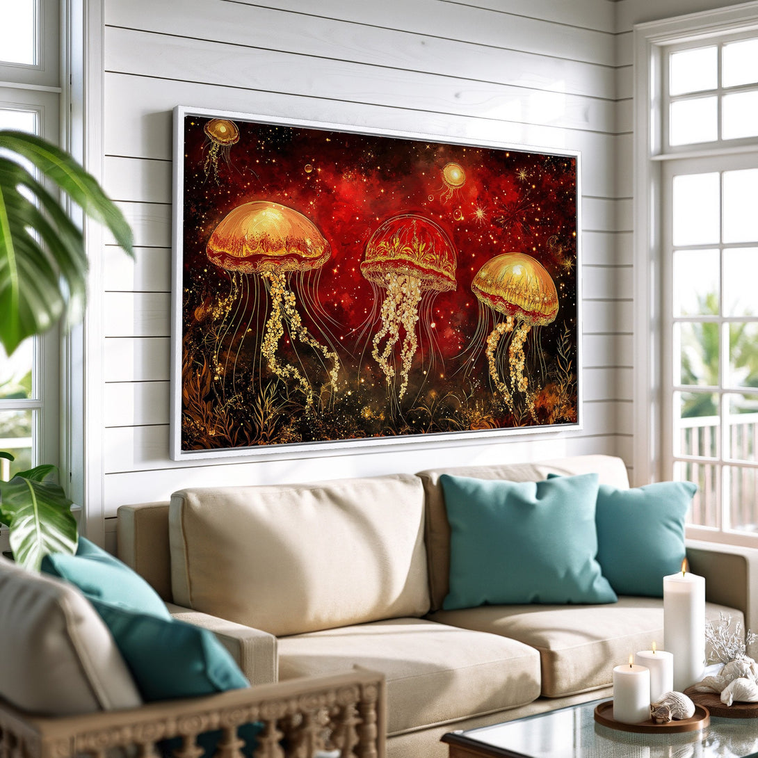 Framed Wall Art: Stunning jellyfish art print in red and gold, adding a touch of elegance to any room. Perfect for coastal decor.