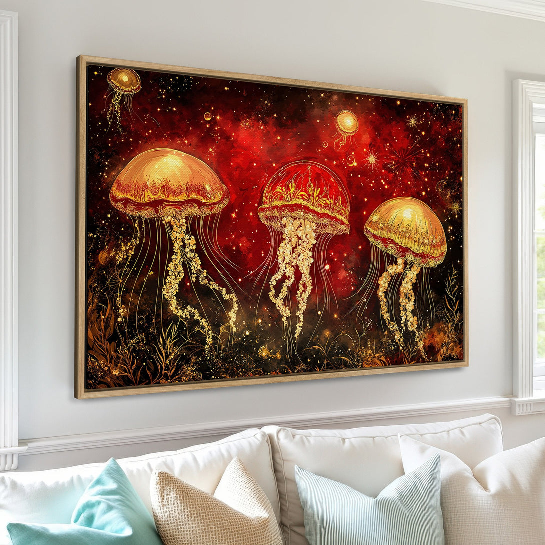 Framed Wall Art featuring golden jellyfish against a fiery red and black background. Stunning, artistic Canvas Print with warm, vibrant colors. Perfect for home decor.