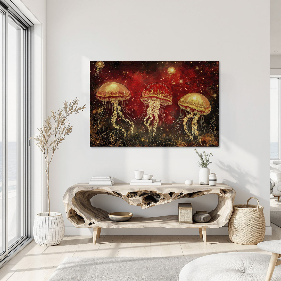 Framed Wall Art: Stunning jellyfish art print in red and gold. Modern abstract style with a luxurious color palette, perfect for any interior.