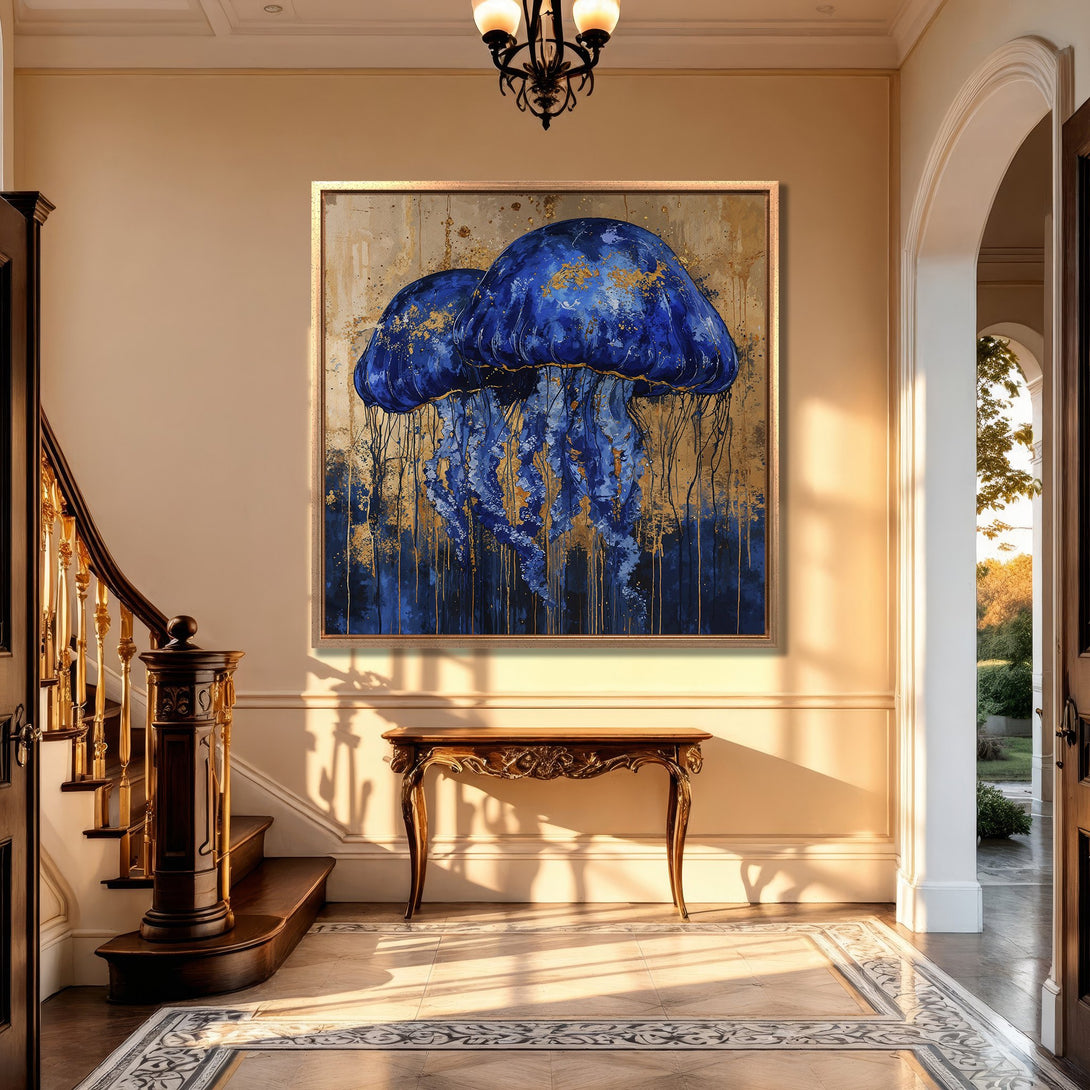 Framed Wall Art: Abstract blue jellyfish painting with gold accents. Modern art canvas print adds elegance to any interior. Featuring a luxurious color palette.