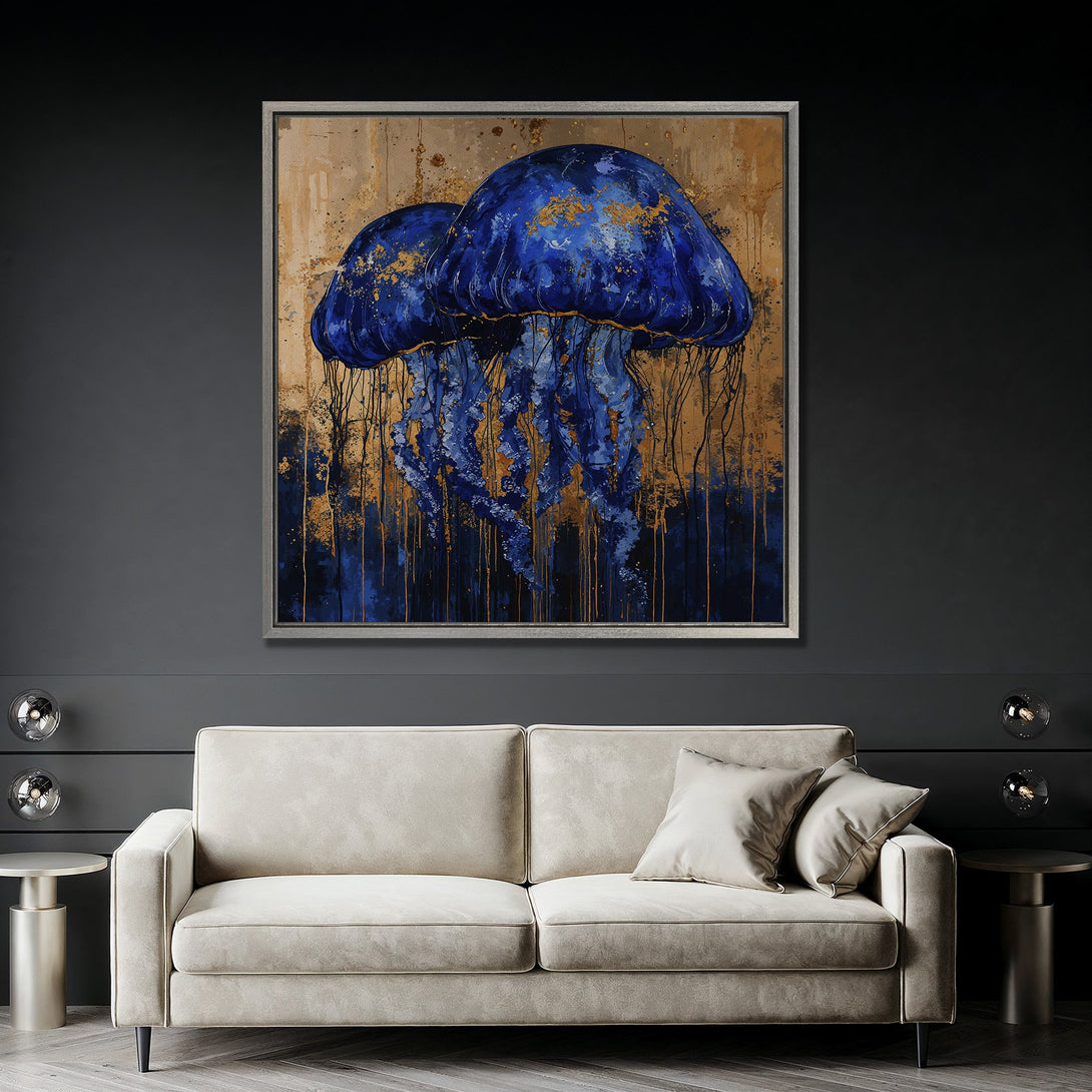 Framed Wall Art: Abstract blue jellyfish painting with gold accents. Modern canvas print in a sophisticated interior, showcasing a dark blue and gold color palette.