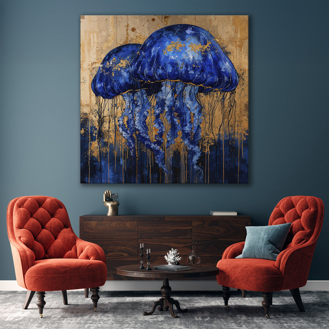 Framed Wall Art featuring abstract blue jellyfish with gold accents. Modern art piece in a living room, showcasing a luxurious interior design.
