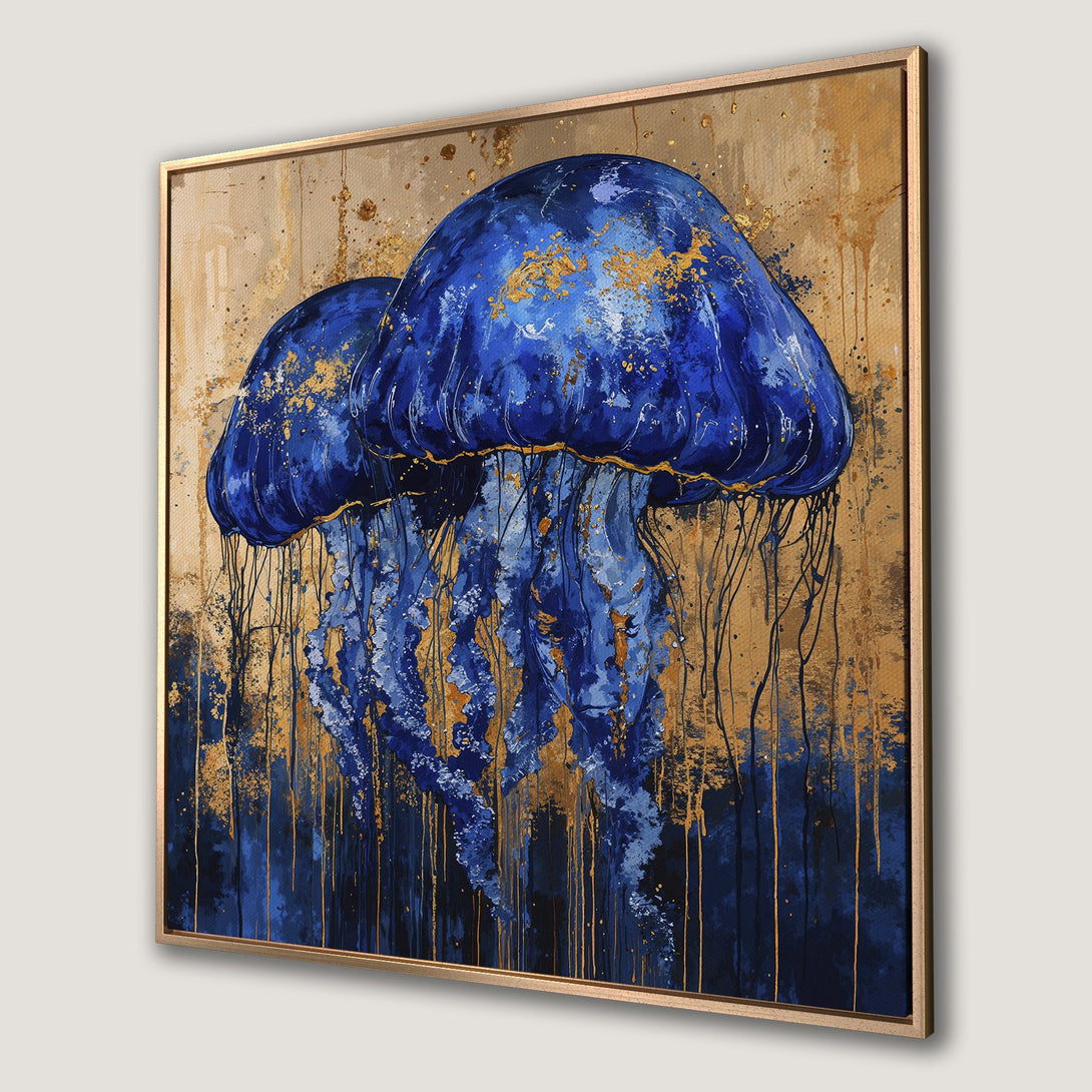 Framed Wall Art: Abstract blue jellyfish painting with gold accents. Modern home decor canvas print in a gold frame, perfect for any space.