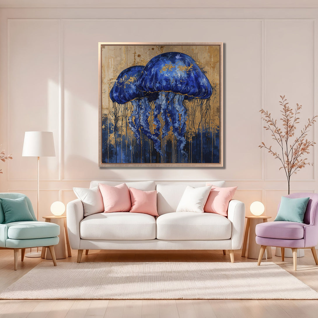 Framed Wall Art: Abstract jellyfish painting in blue and gold tones. Modern art canvas print adds a touch of elegance to any living room decor.