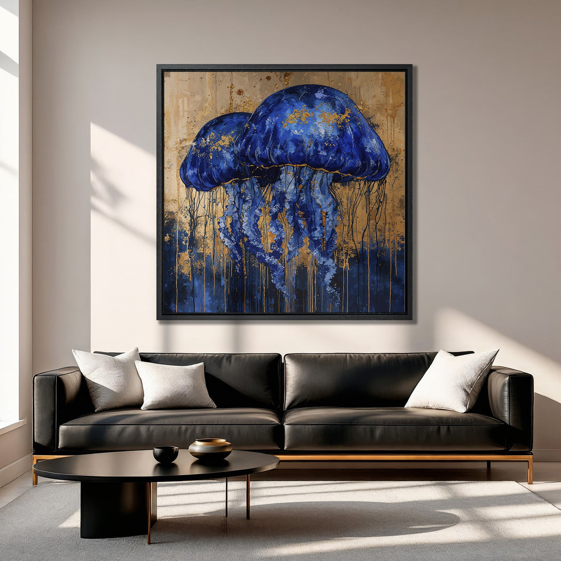 Framed Wall Art: Blue jellyfish painting with gold accents. Modern abstract style. Stunning blue and gold color palette. Perfect for living room decor.
