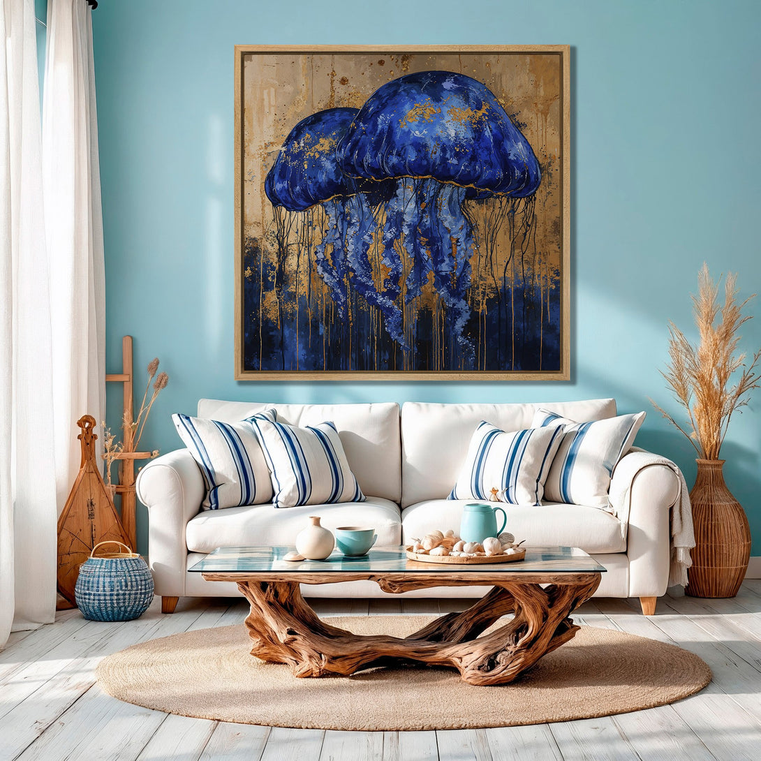 Framed Wall Art: Stunning blue jellyfish painting with gold accents. Coastal style art in a living room with a calming blue and gold color palette.