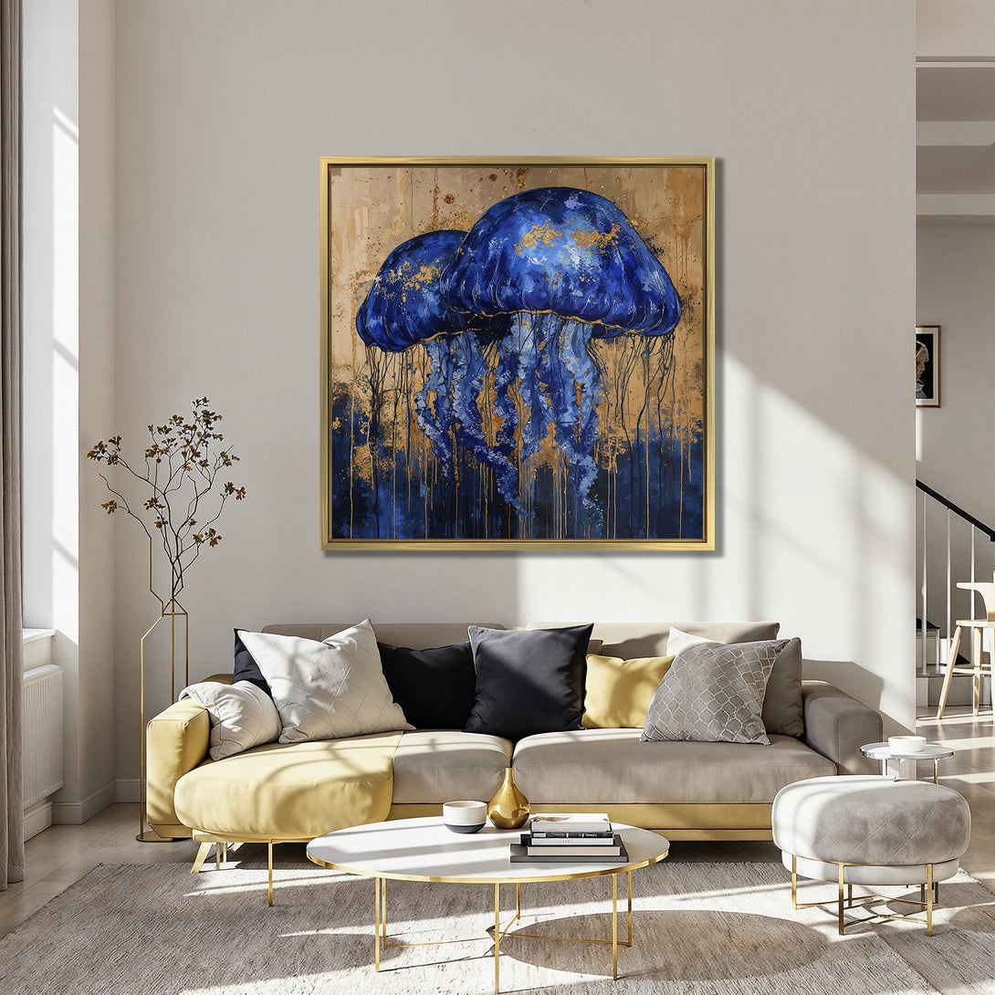 Blue jellyfish Canvas Print with gold accents. Modern abstract art in a living room setting. Enhance your space with this stunning wall decor.
