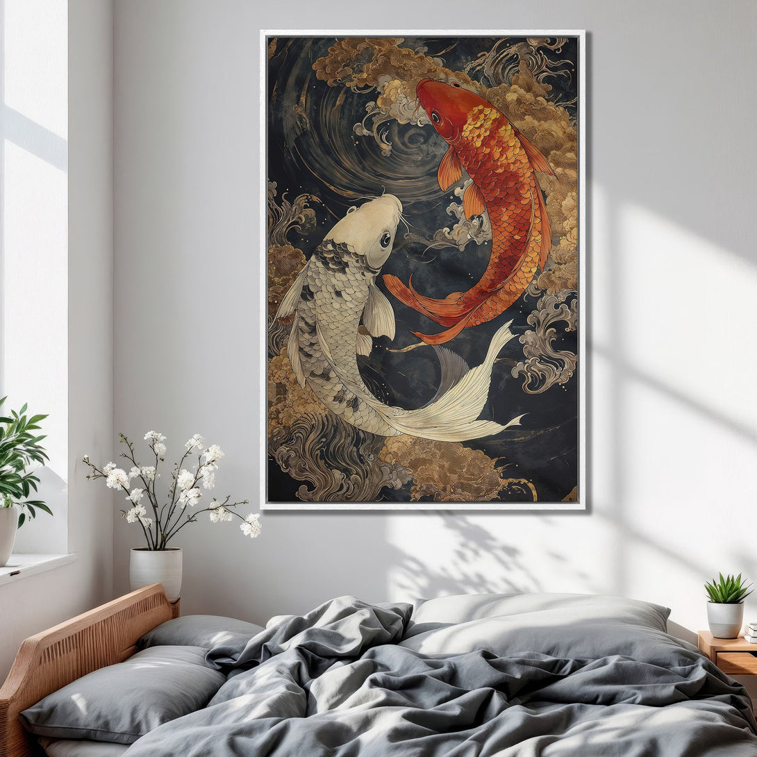 Framed Wall Art featuring Koi fish in a Japanese style. Dark blue, gold, and orange color palette. Perfect for bedroom decor.