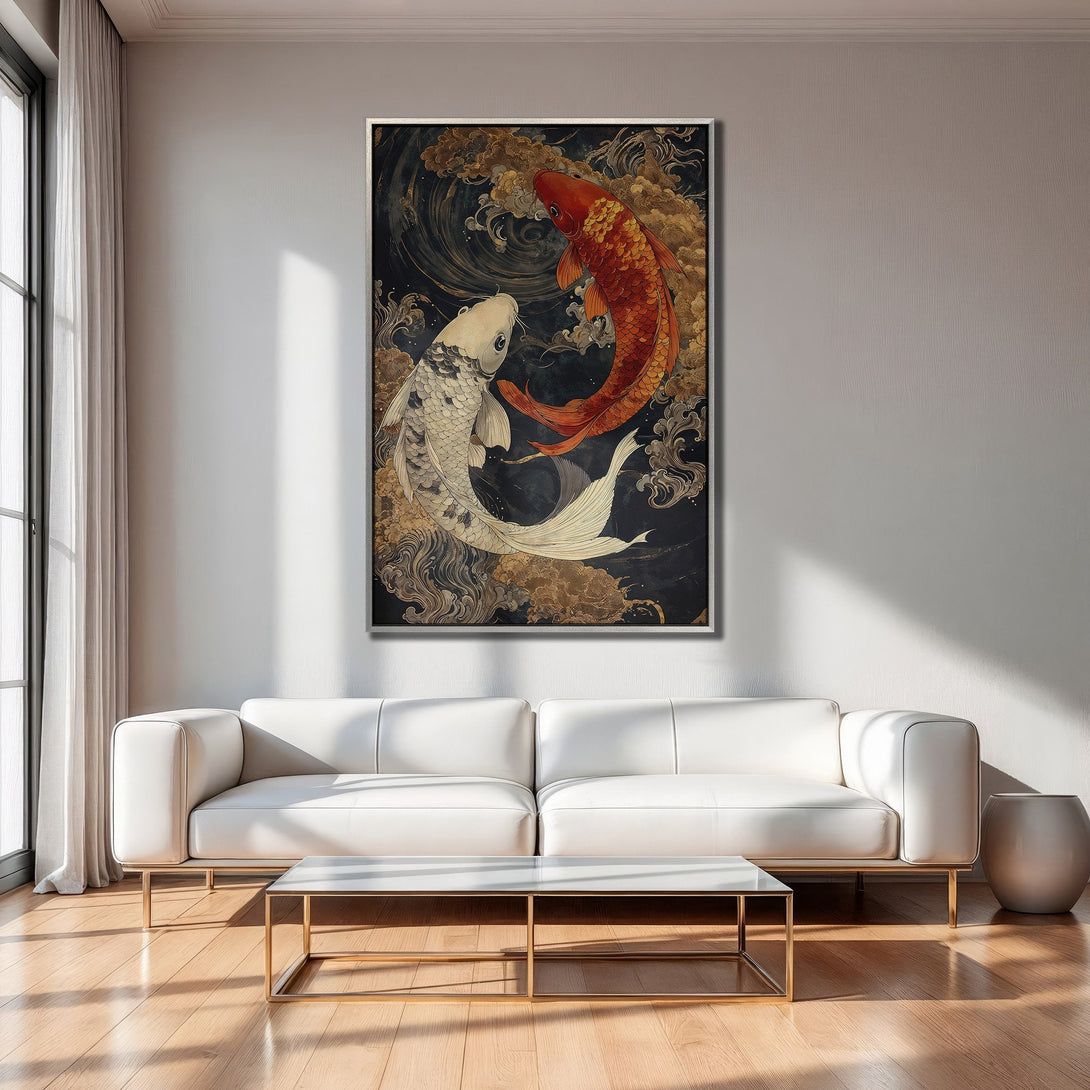 Framed Wall Art featuring koi fish in a Japanese style, with a dark, gold, and red color palette. Perfect for adding a touch of zen to your space.