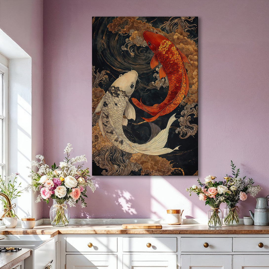 Framed Wall Art: Koi fish painting in a Japanese style with a gold frame. Features red, white, and gold colors, perfect for living room decor.