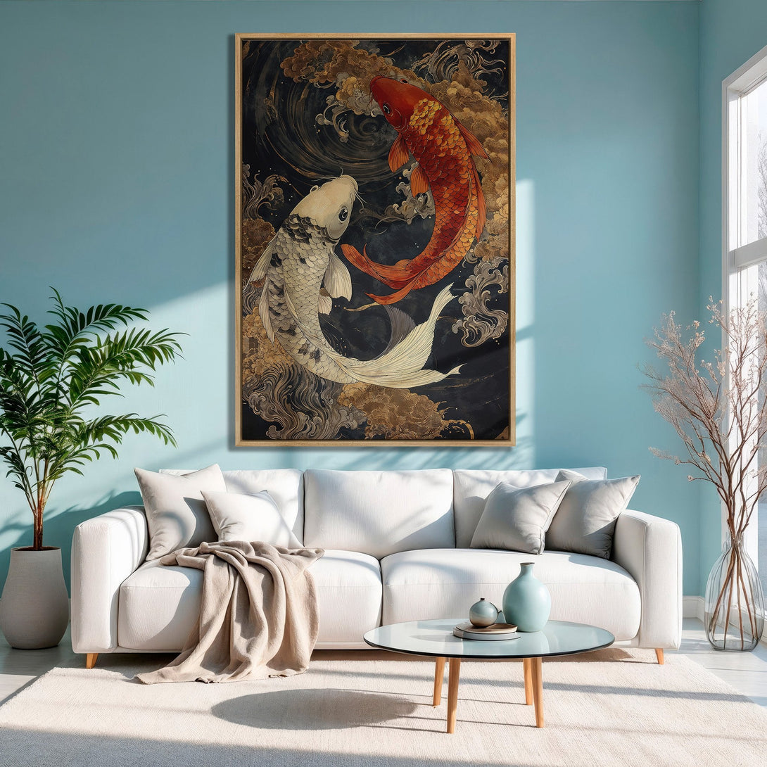 Framed Wall Art: Koi fish canvas print in a modern living room. Features a vibrant red, white, and gold color palette, perfect for adding a touch of elegance.