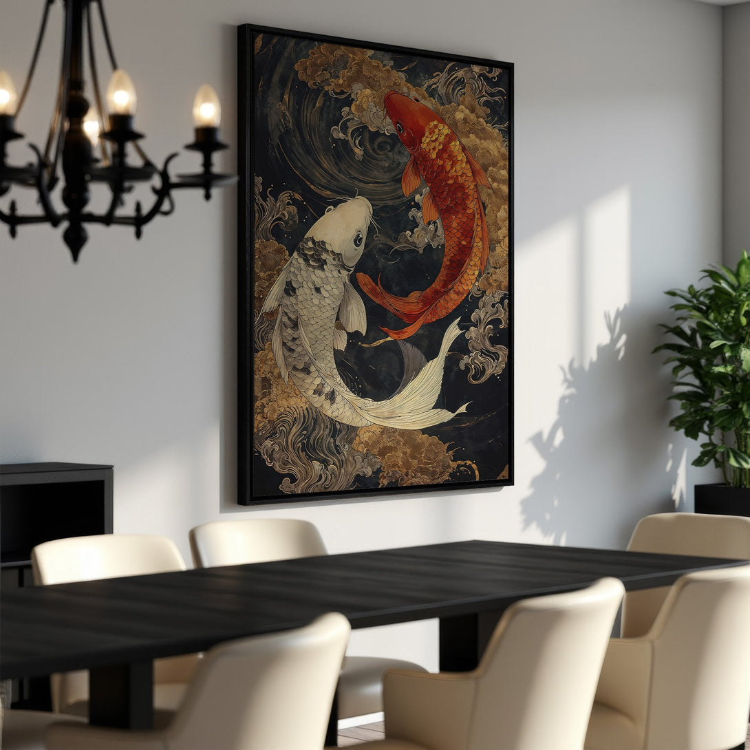 Framed Wall Art featuring koi fish in a Japanese style. Rich black, gold, and red hues create a stunning focal point for any room.