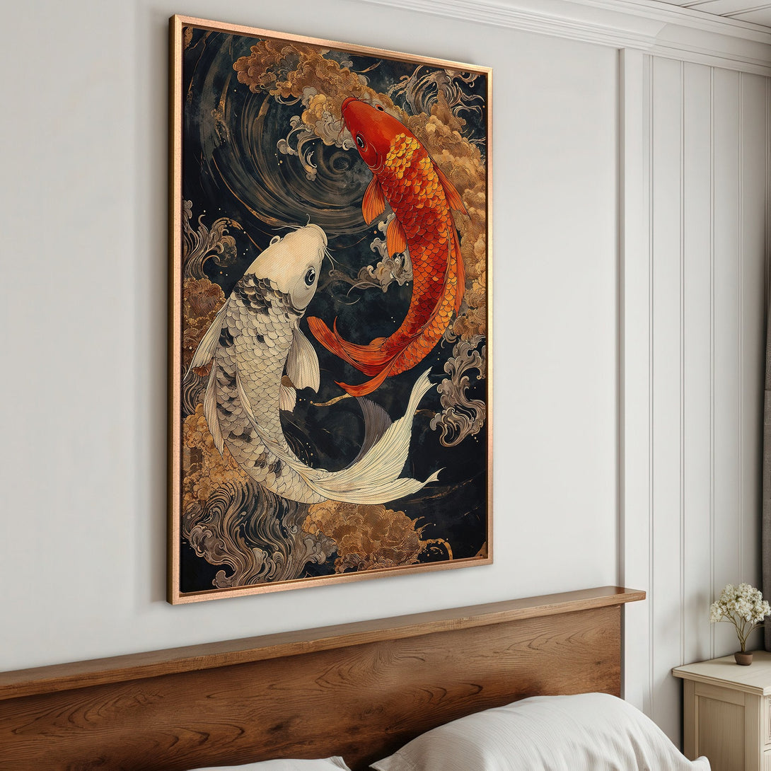 Framed Wall Art featuring koi fish in a Japanese style. Rich black, gold, and red color palette. Perfect for adding zen and elegance to your home decor.