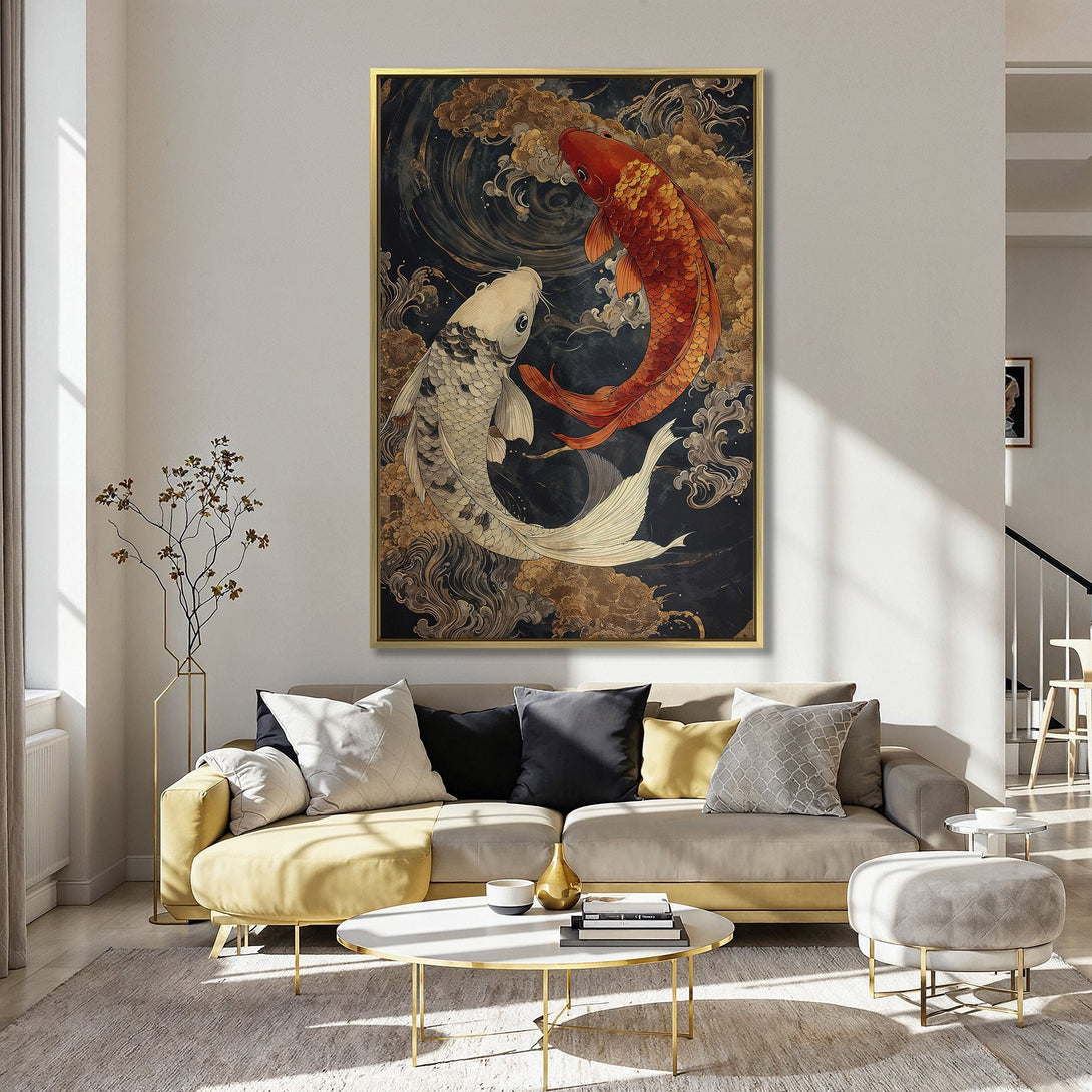 Canvas Print: Koi fish art in a Japanese style with a black, gold, and orange color palette, perfect for adding a touch of zen to your space.