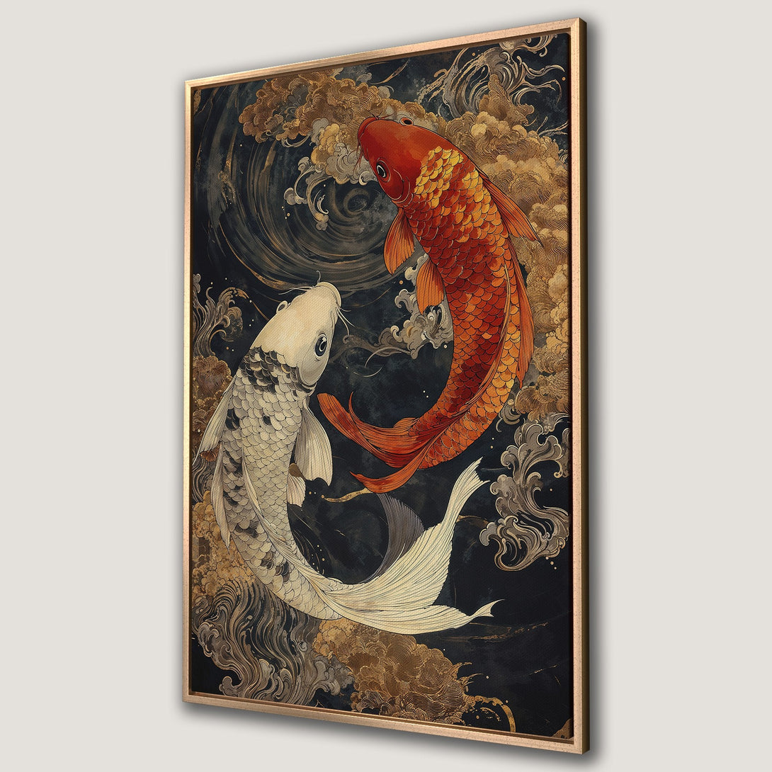 Framed Wall Art featuring two koi fish in an Asian-inspired style. Dark, moody background with gold and orange accents. Perfect for adding zen to your space!