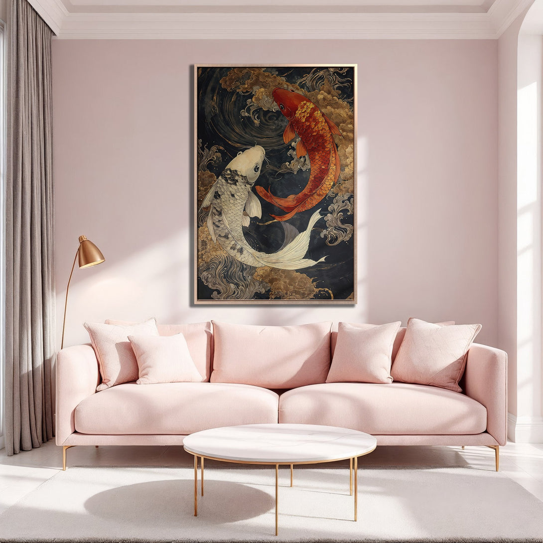 Framed Wall Art featuring koi fish in a Japanese style, with a warm color palette of red, gold, and black, perfect for adding elegance to any space.
