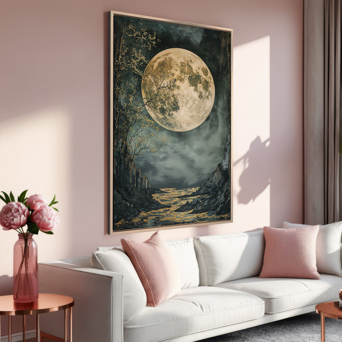 Framed Wall Art featuring a serene moonlit landscape in teal, gold, and gray tones. Perfect for adding a touch of elegance to your home decor.