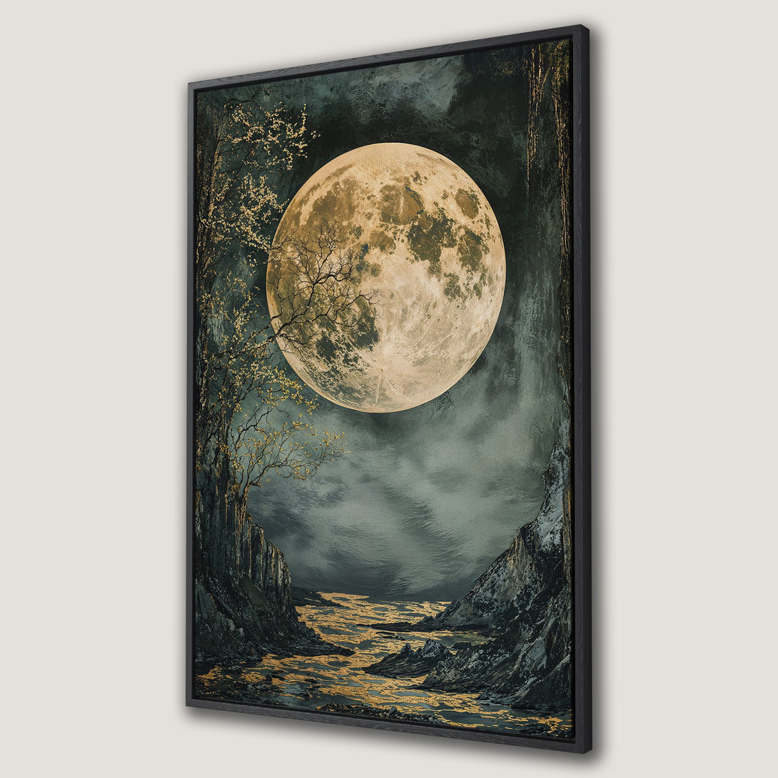 Framed Wall Art featuring a stunning moonlit landscape. Dark, moody color palette with gold accents. Perfect for adding a touch of nature's beauty to your space.