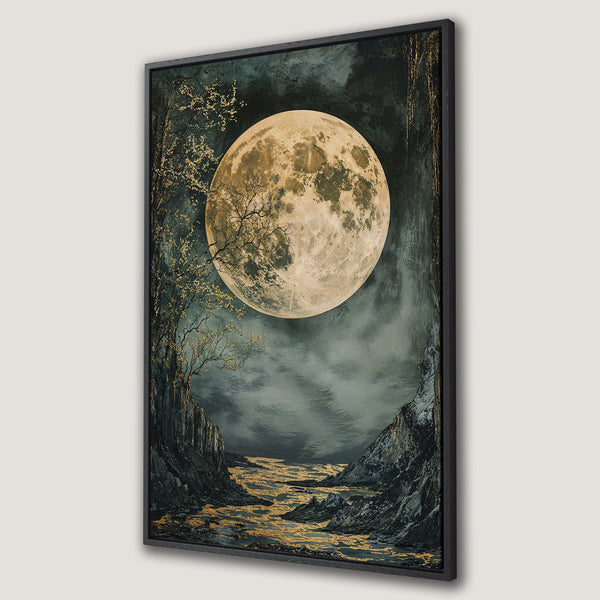 Framed Wall Art featuring a stunning moonlit landscape. Dark, moody color palette with gold accents. Perfect for adding a touch of nature's beauty to your space.