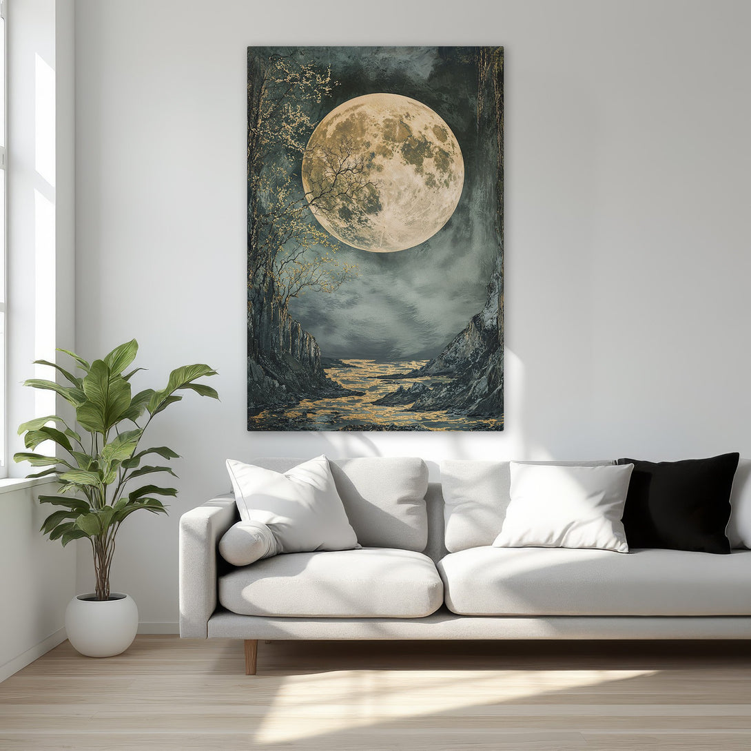 Framed Wall Art: Dramatic moonlit landscape Canvas Print with gold accents. Dark, moody color palette for a touch of elegance. Perfect for bedroom decor.