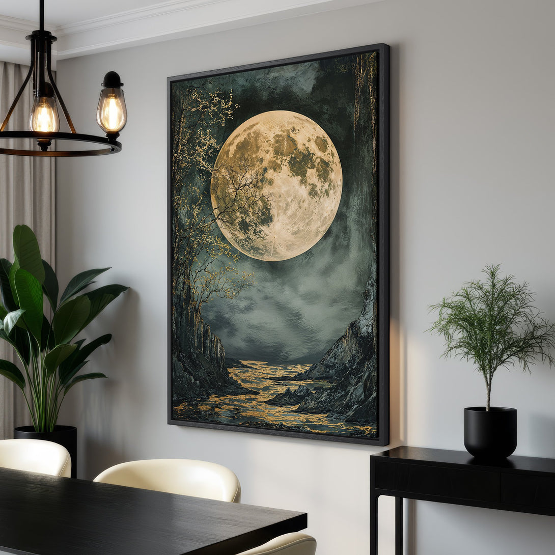 Framed Wall Art: Stunning moonlit landscape Canvas Print in dark teal, gold, and gray. Perfect for adding a touch of nature and elegance to your home decor.