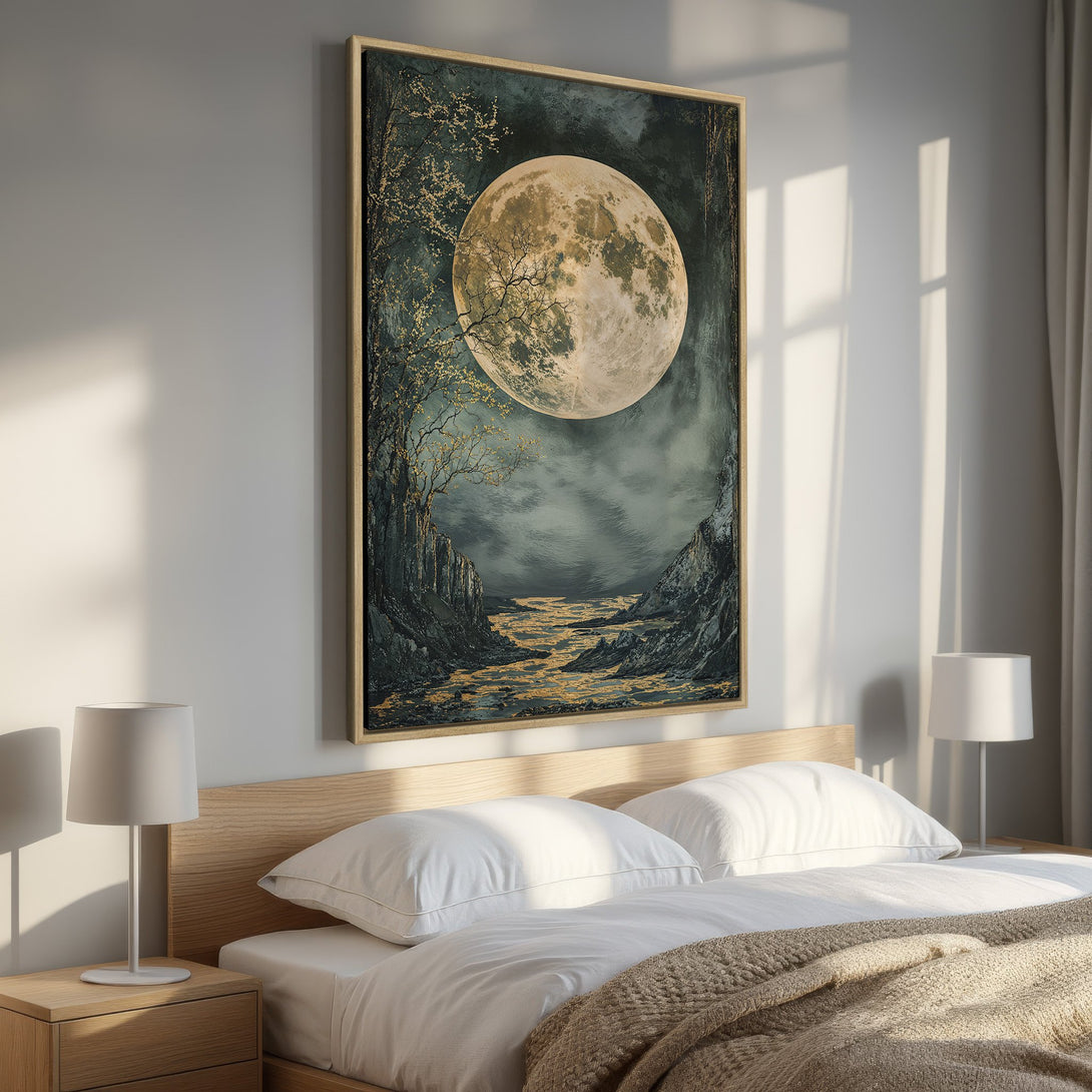 Framed Wall Art: Moonlit landscape canvas print in moody teal and gold tones. Perfect bedroom decor for a calming, artistic touch.