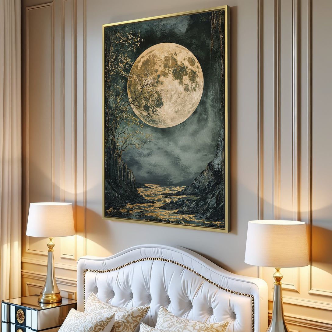 Canvas Print featuring a mystical moonlit landscape. Moody artwork with a dark, gold, and gray color palette. Perfect for adding a touch of magic to your home.
