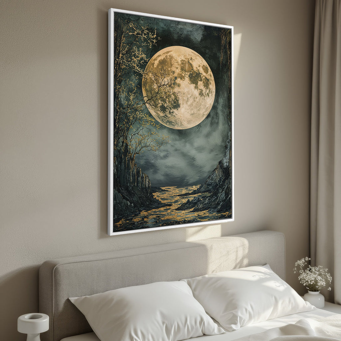 Framed Wall Art: Majestic moonlit landscape canvas print. Dark, moody color palette with gold accents. Perfect for bedroom decor.