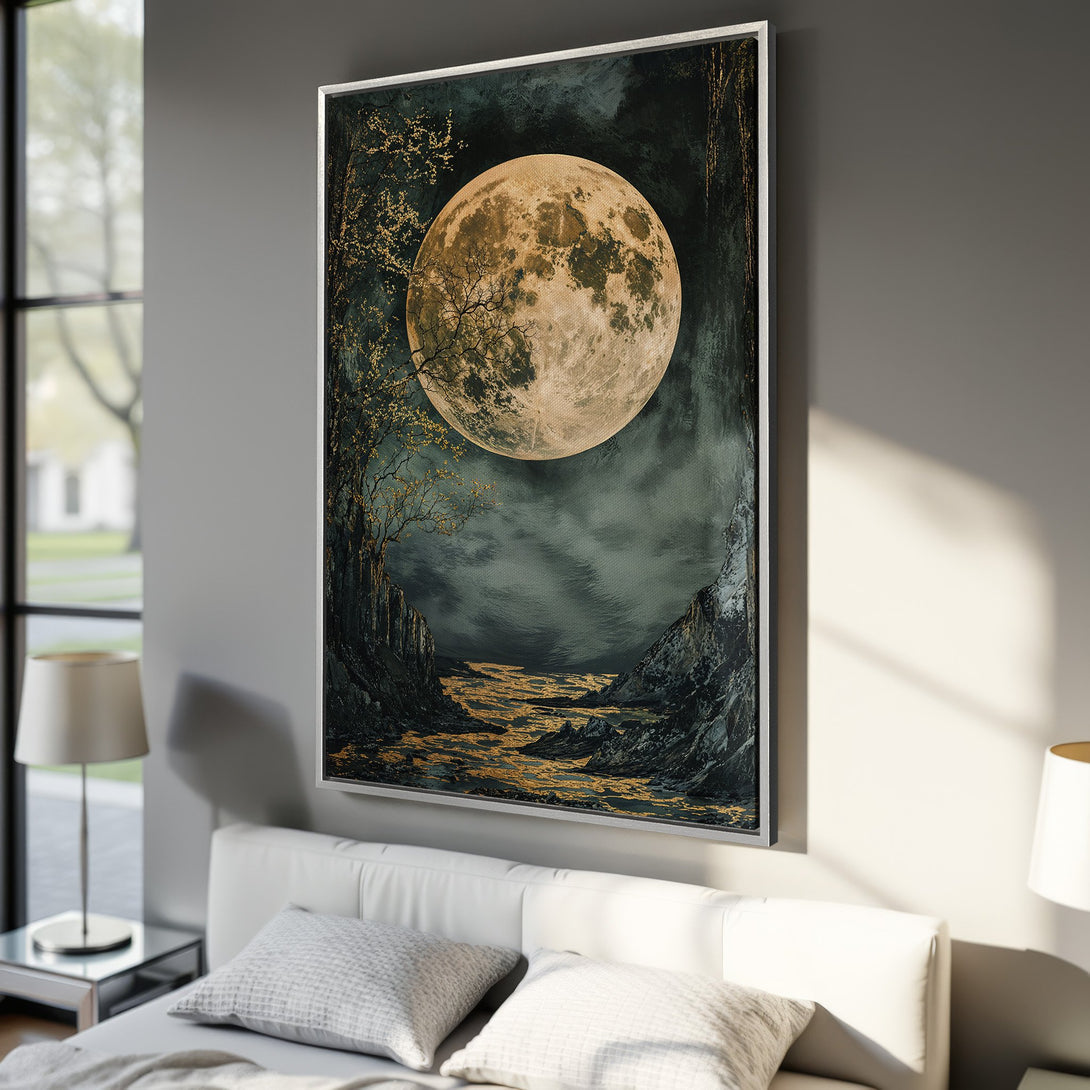 Framed Wall Art: Majestic moonlit landscape in moody greens and golds. Elevate your space with this stunning canvas print, perfect for a serene bedroom.