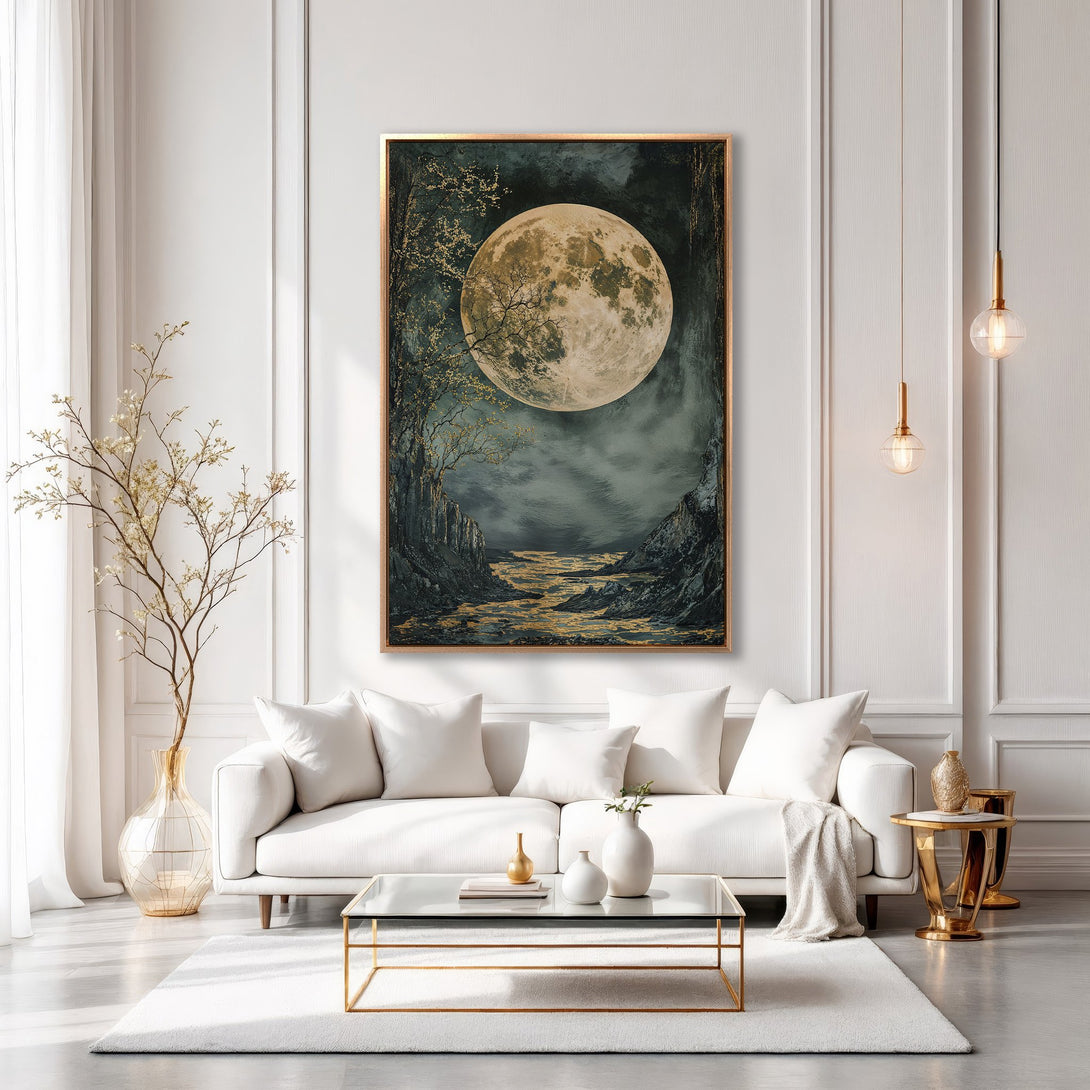 Framed Wall Art featuring a moonlit landscape painting in a gold frame. Elegant, moody style with a dark teal, gold, and white color palette. Perfect for home decor.