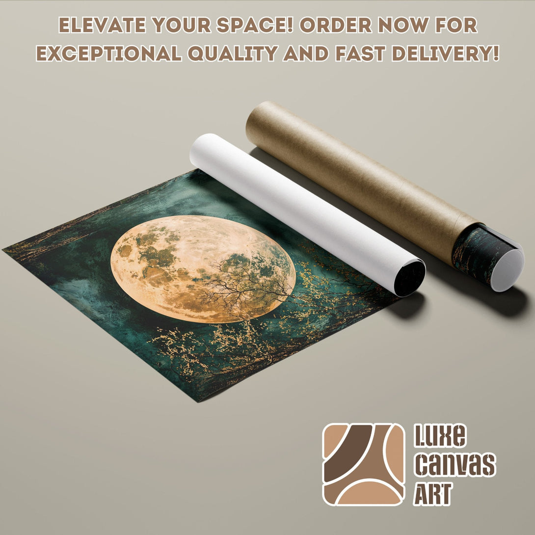 Moonlight Poster Roll, teal and gold abstract art, perfect for your home decor.