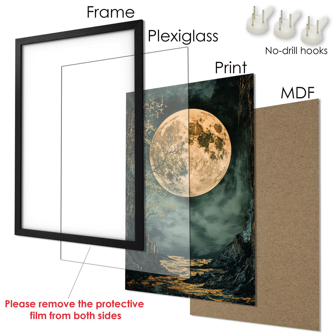 Framed Poster of a moonlit landscape. Features a black frame with a dark teal and gold color palette, perfect for wall decor.