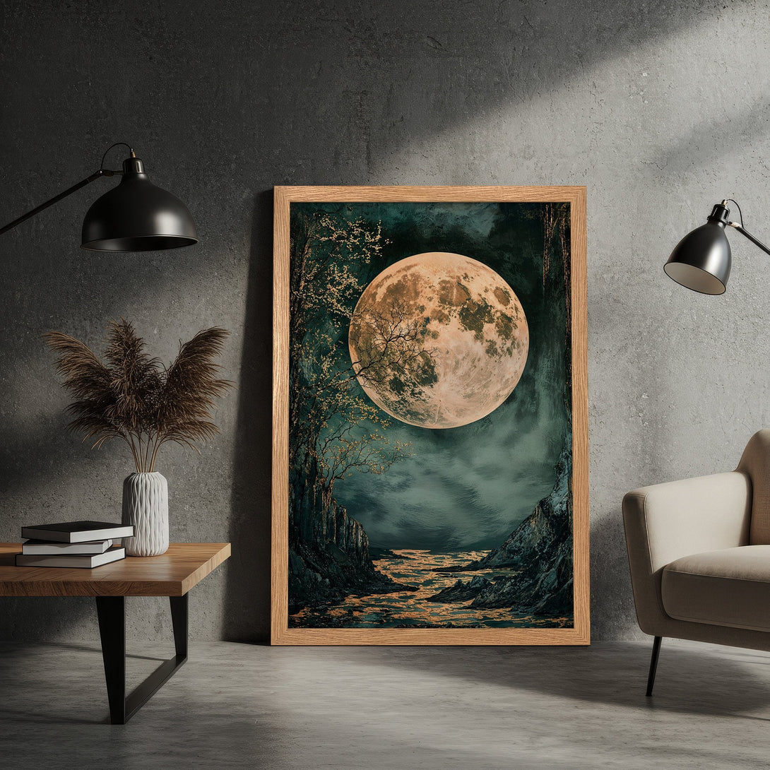 Framed Poster featuring a mystical moonlit landscape in teal, gold, and brown tones. Perfect wall art for your home.