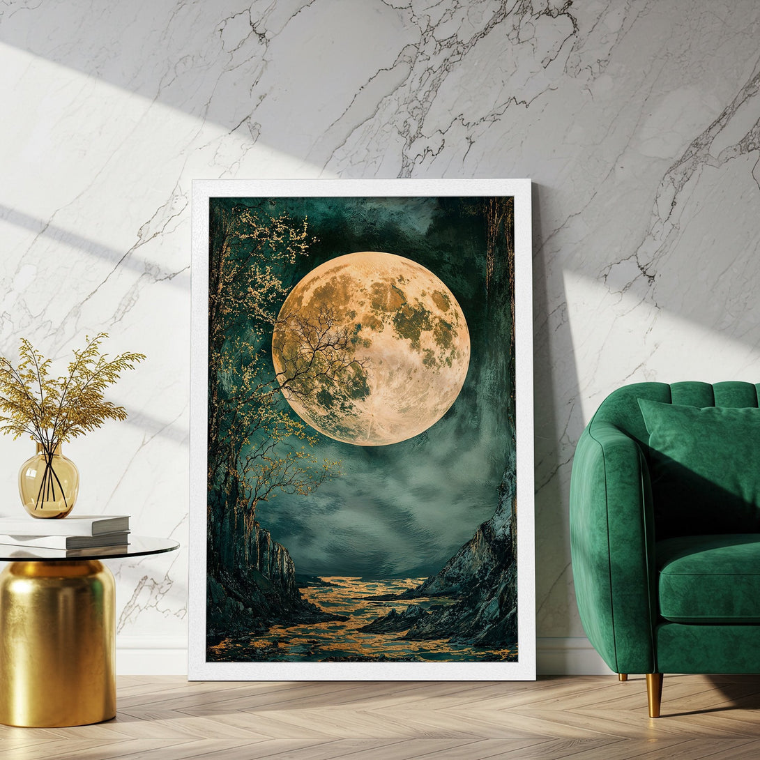 Framed Poster featuring a mystical moonlit landscape. Moody, artistic style with teal, gold, and dark tones. Perfect wall art for any room.