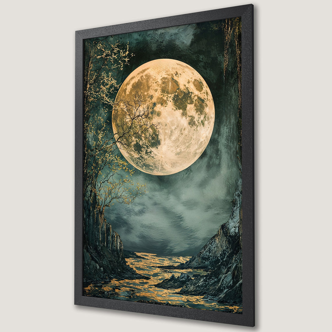 Framed Poster featuring a mystical moonlit landscape. Dark teal and gold color palette, perfect for adding an enchanting touch to any room.