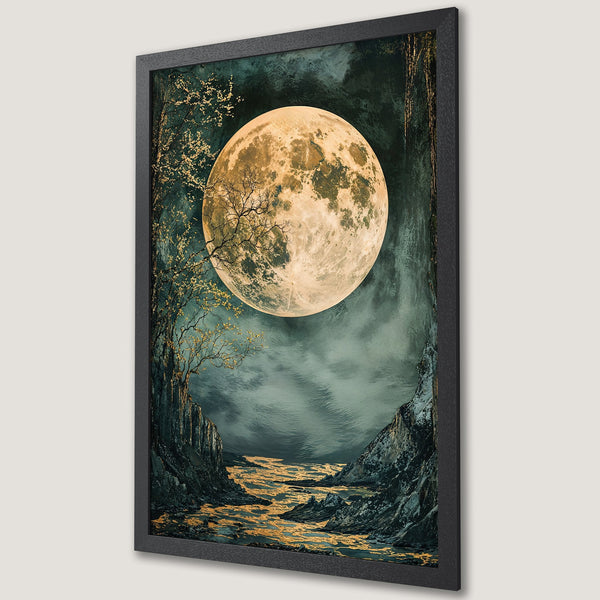 Framed Poster featuring a mystical moonlit landscape. Dark teal and gold color palette, perfect for adding an enchanting touch to any room.