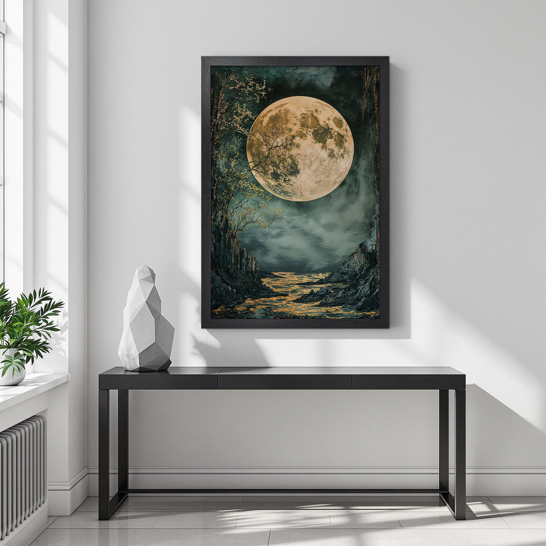Framed Poster featuring a moonlit landscape in teal and gold. Enhance your space with this stunning art print!