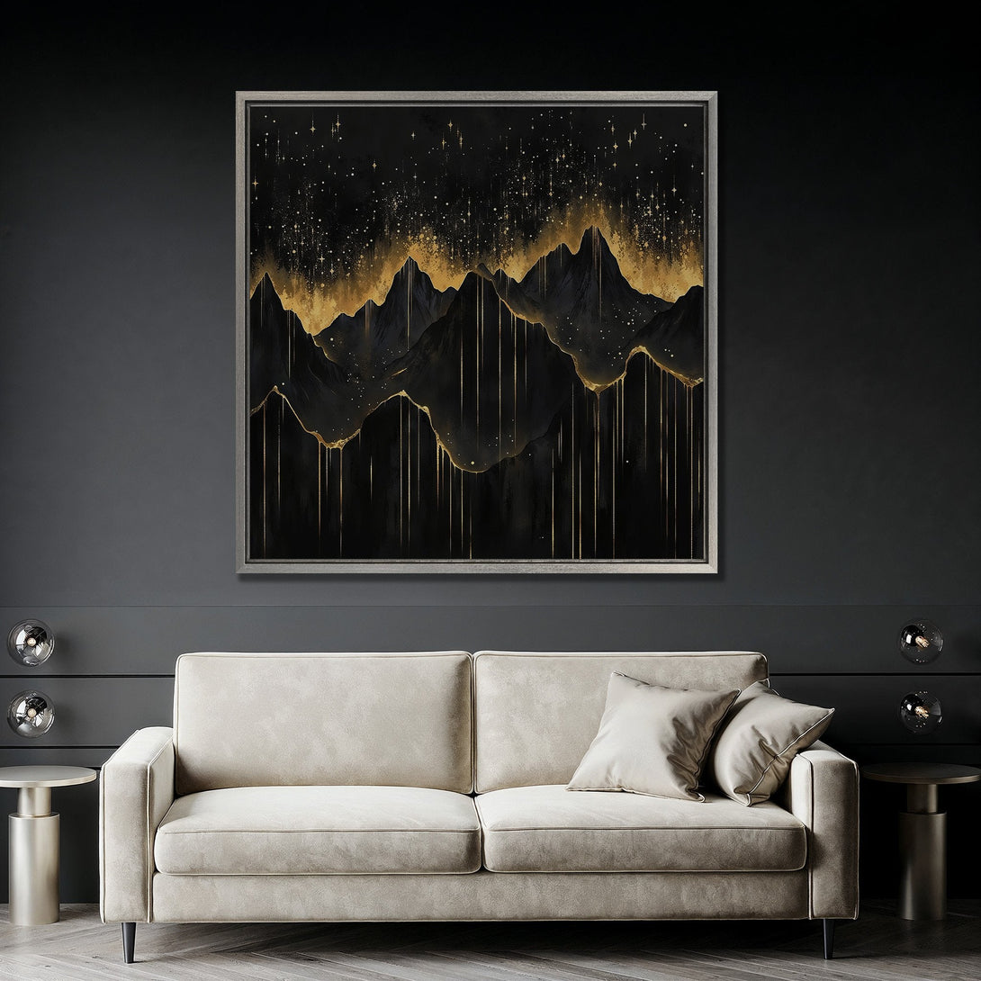 Framed Wall Art featuring a black and gold abstract mountain landscape. Modern style with a luxurious, dark color palette. Perfect for home decor.