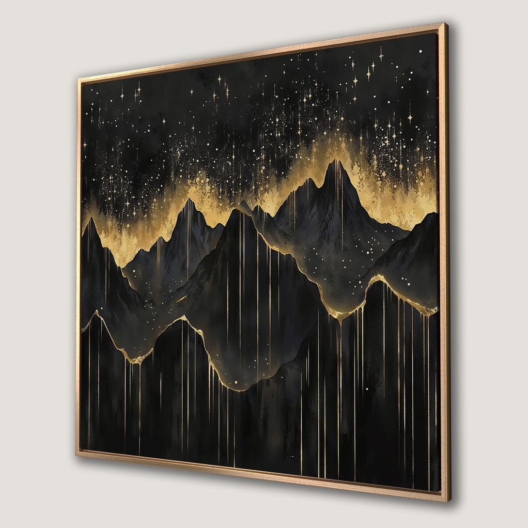 Framed Wall Art: Black & gold mountain landscape canvas print. Modern, abstract art with a luxurious gold and black color palette. Elevate your home decor!
