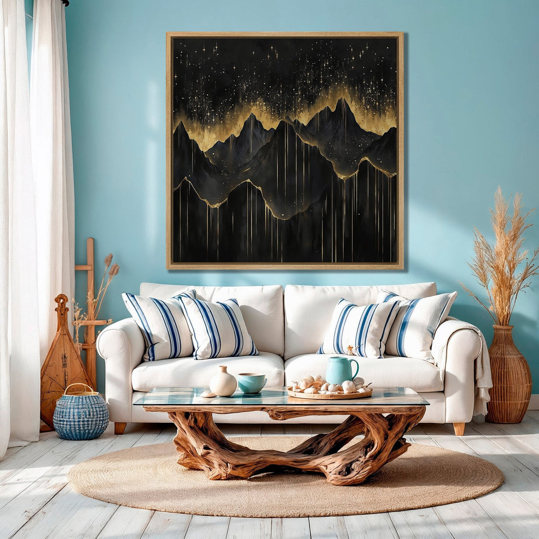 Framed Wall Art featuring an abstract black and gold mountain landscape. Modern art print with a luxurious, celestial feel, perfect for home decor.