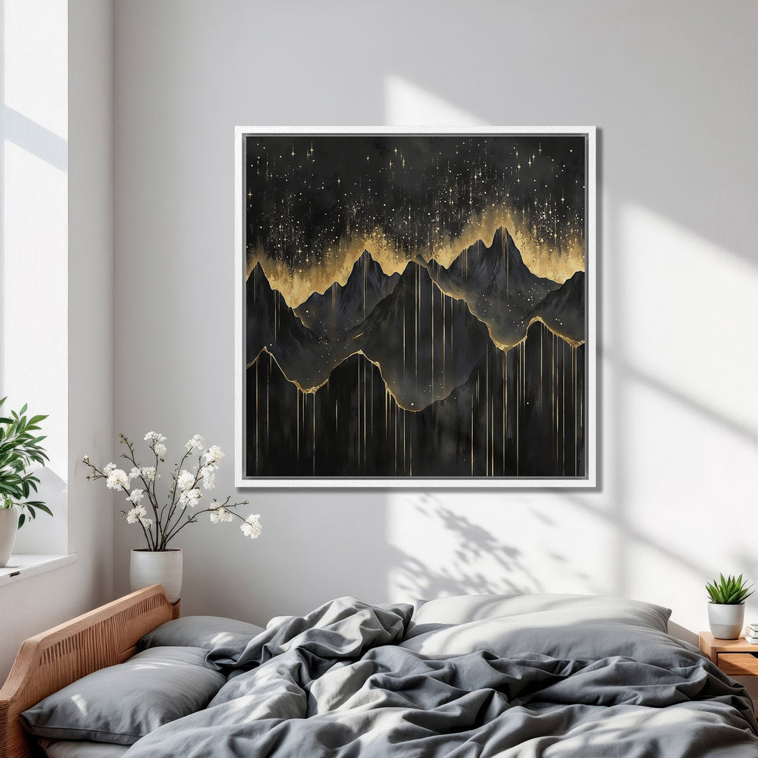Framed Wall Art featuring a black and gold abstract mountain landscape. Modern style with a luxurious, elegant color palette. Perfect for bedroom decor.