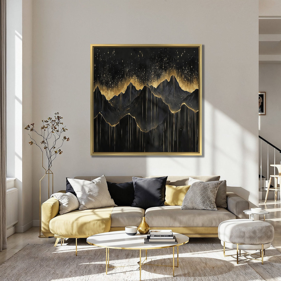 Canvas Print: Abstract mountain art in black and gold, displayed in a stylish interior. Modern wall decor with a luxurious color palette.