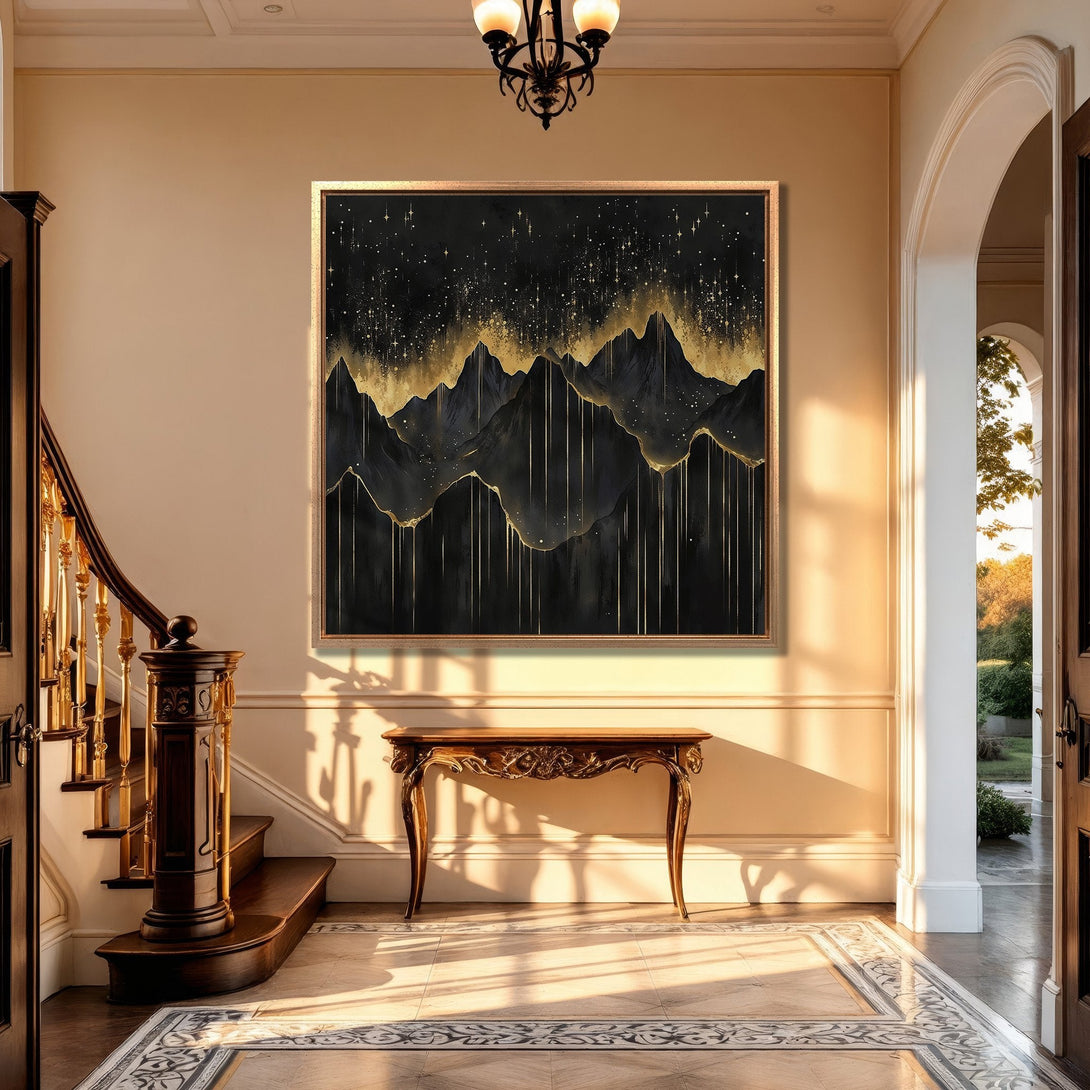 Framed Wall Art: Abstract mountain landscape in black and gold. Modern Canvas Print adds elegance to any interior. Neutral color palette.