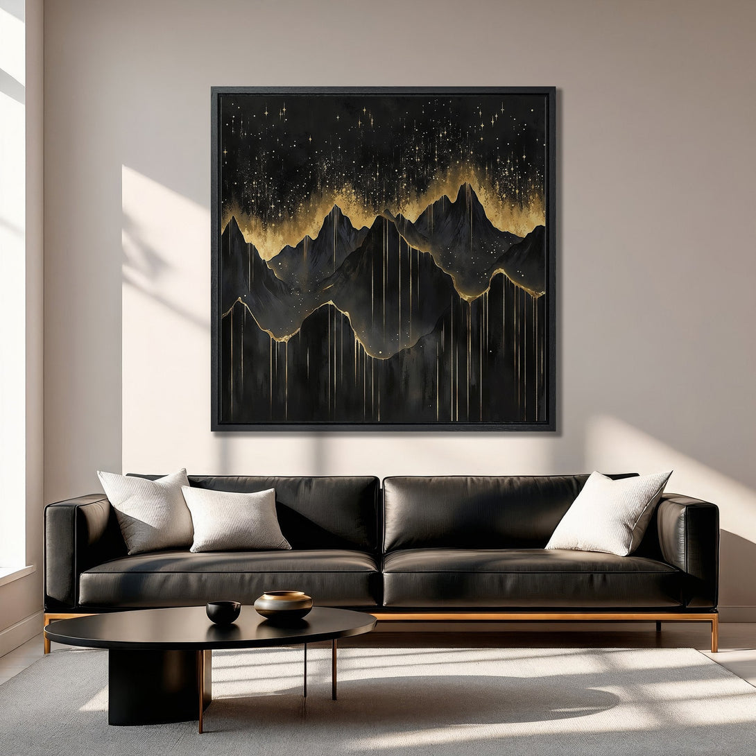 Framed Wall Art featuring a black and gold abstract mountain landscape. Modern style, perfect for adding a touch of elegance to any space.