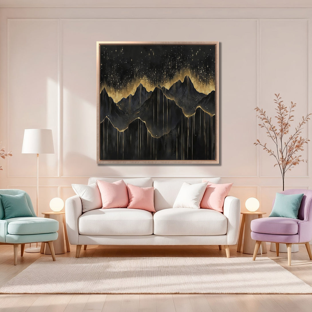 Framed Wall Art: Abstract mountain landscape Canvas Print in gold and black, modern style. Interior decor with soft pink and pastel color palette.